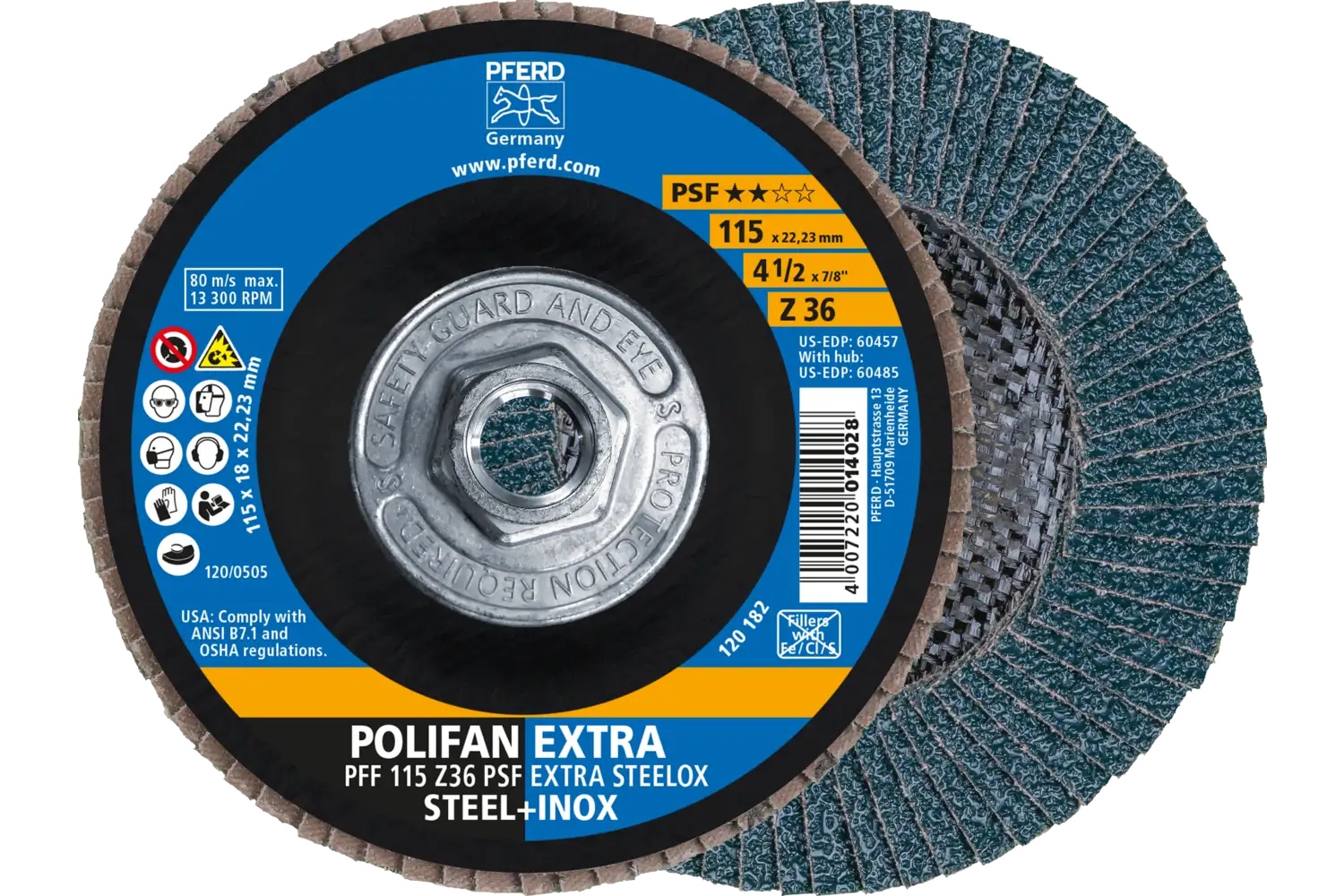 Picture of Pferd Flap Disc, 4-1/2" x 5/8-11, Z PSF Extra Steelox, 36 Grit, T27, Flat, Zirconia